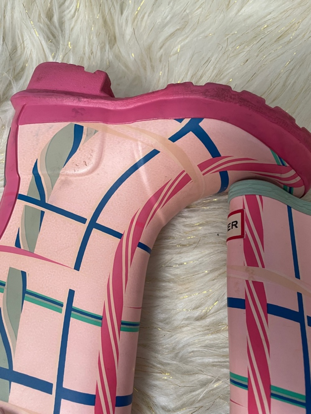 Hunter Pink and Teal Patterned Kids Rain Boots - Picture 4 of 13